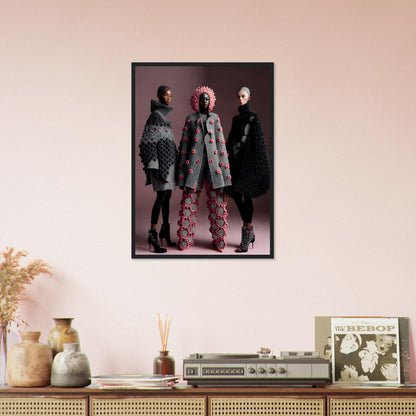 Framed fashion photograph featuring three models in stylish coats and outfits.