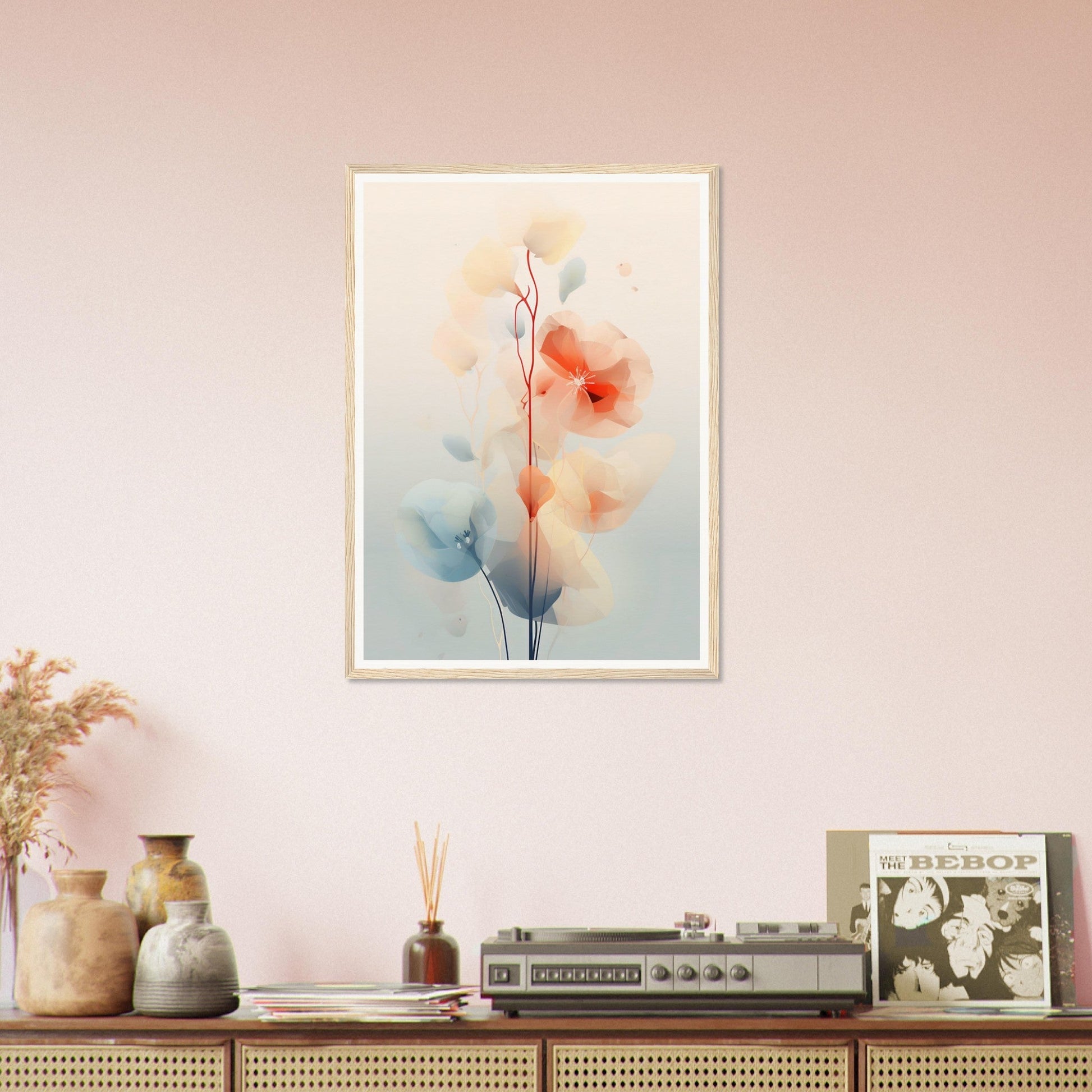 Framed watercolor painting of delicate floral stems with soft orange and blue hues.