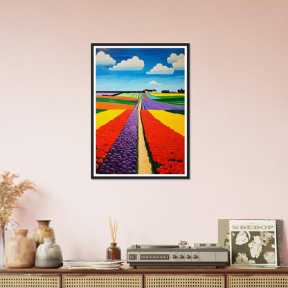 Colorful painting of vibrant flower fields stretching to the horizon under a blue sky with white clouds.