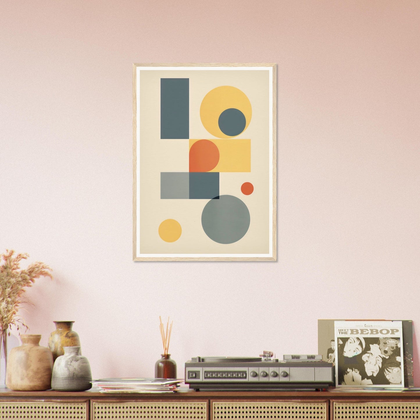 Abstract geometric artwork featuring circles, rectangles, and squares in muted colors.