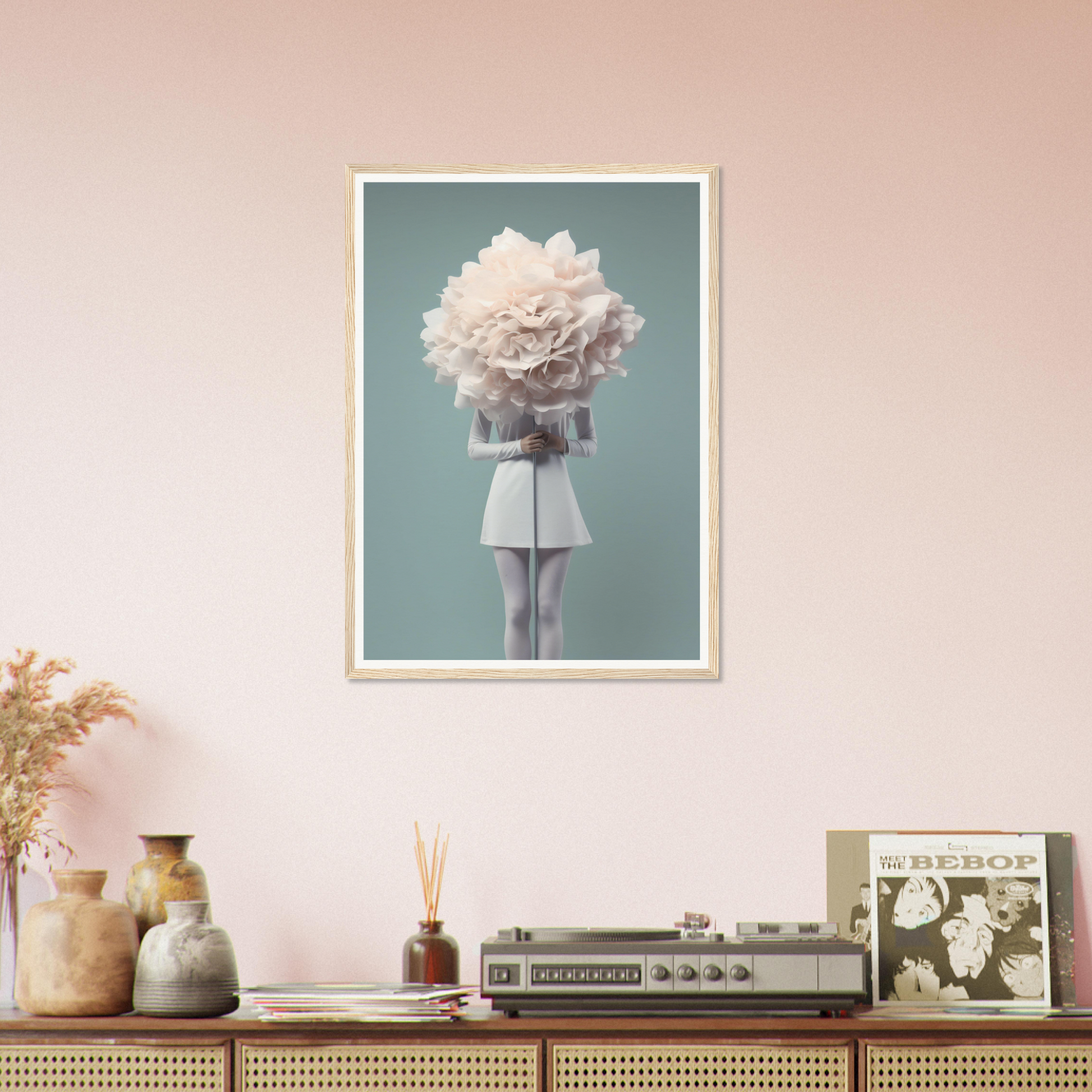 Framed surrealist artwork depicting a figure with a cloud-like head.