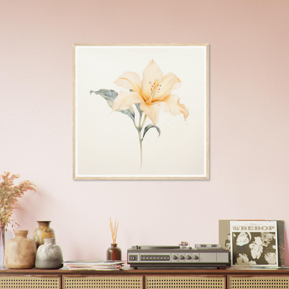 Framed watercolor painting of a delicate yellow lily flower.