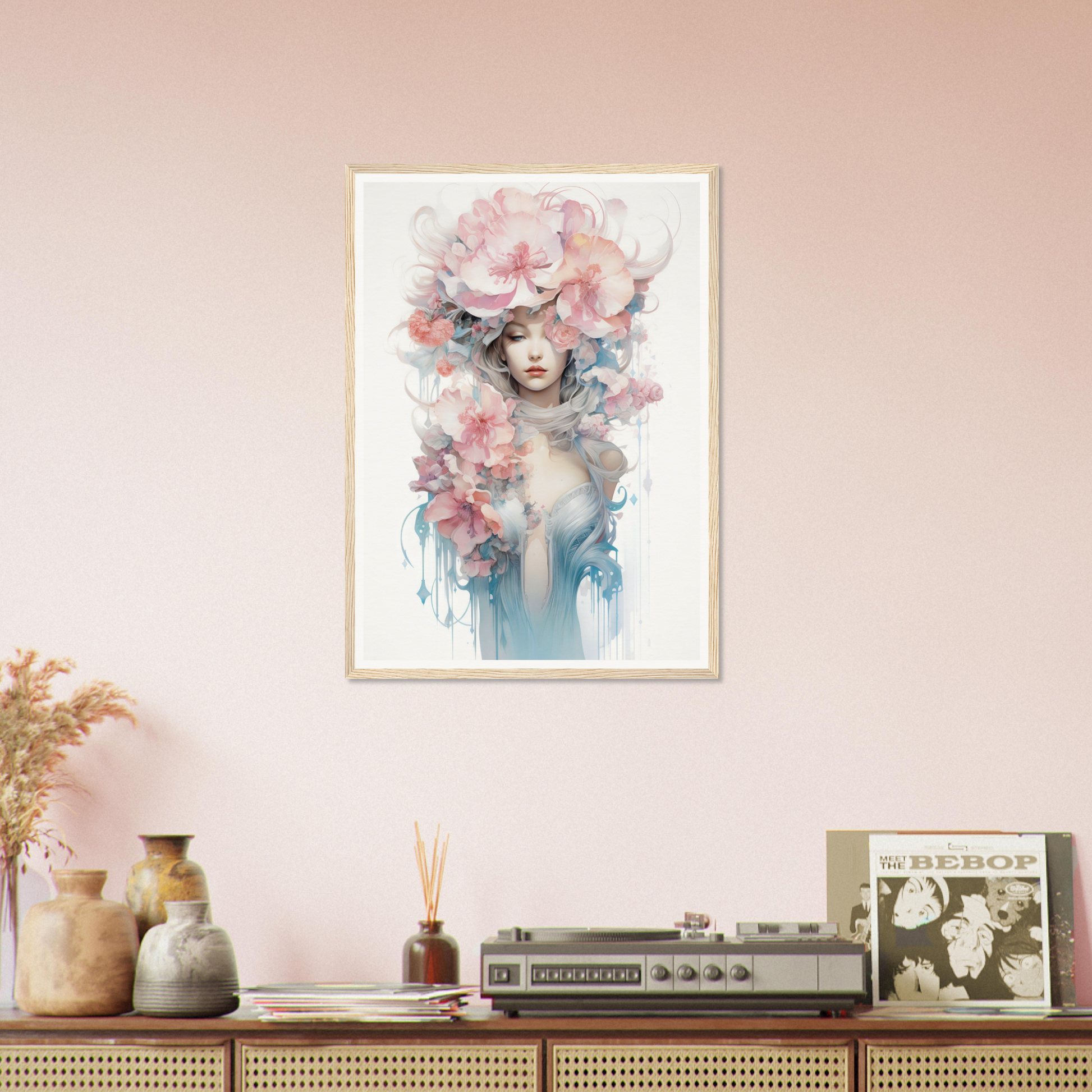 Framed watercolor portrait of a woman with floral elements in soft pink and blue hues.