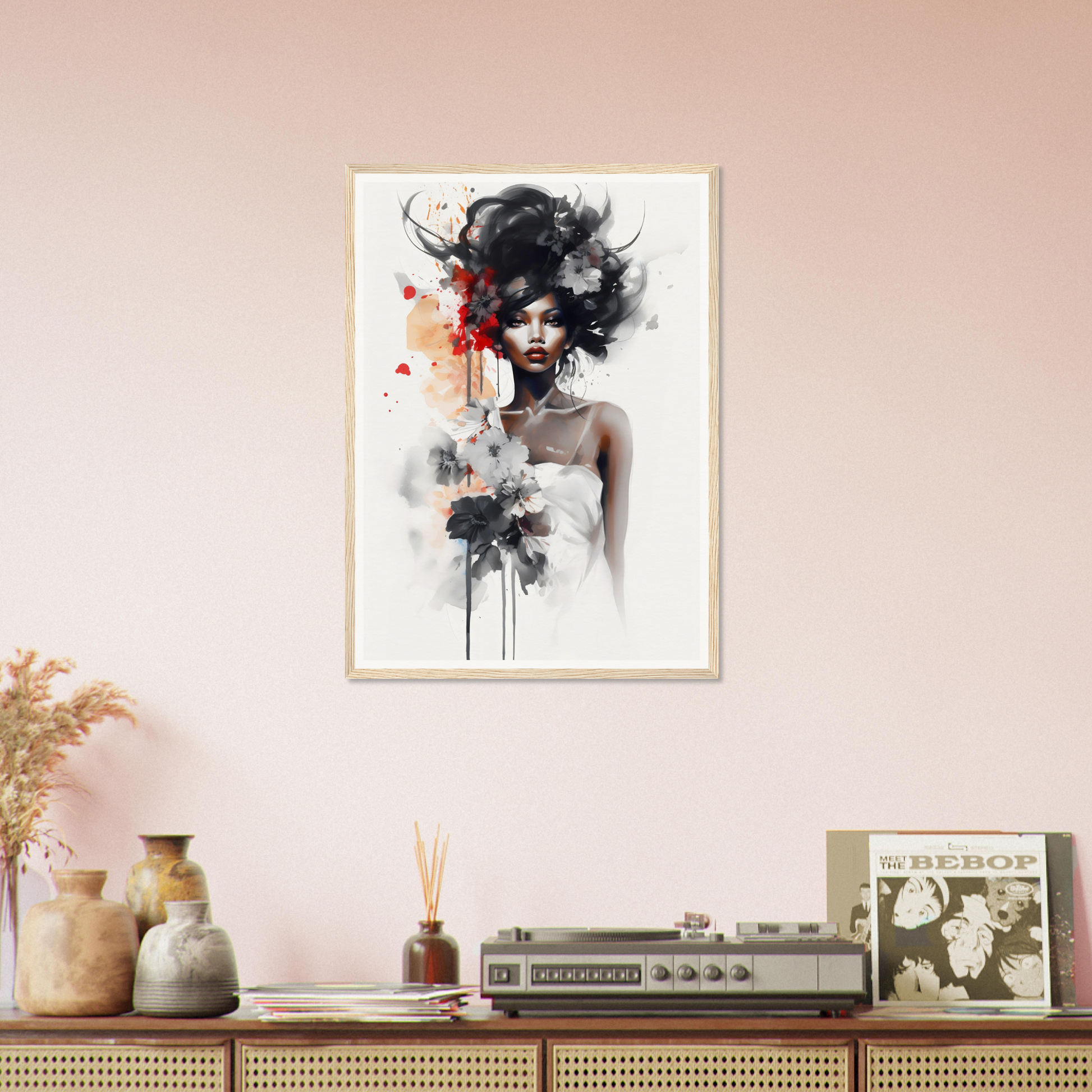 Artistic portrait of a woman with flowing dark hair and abstract floral elements.