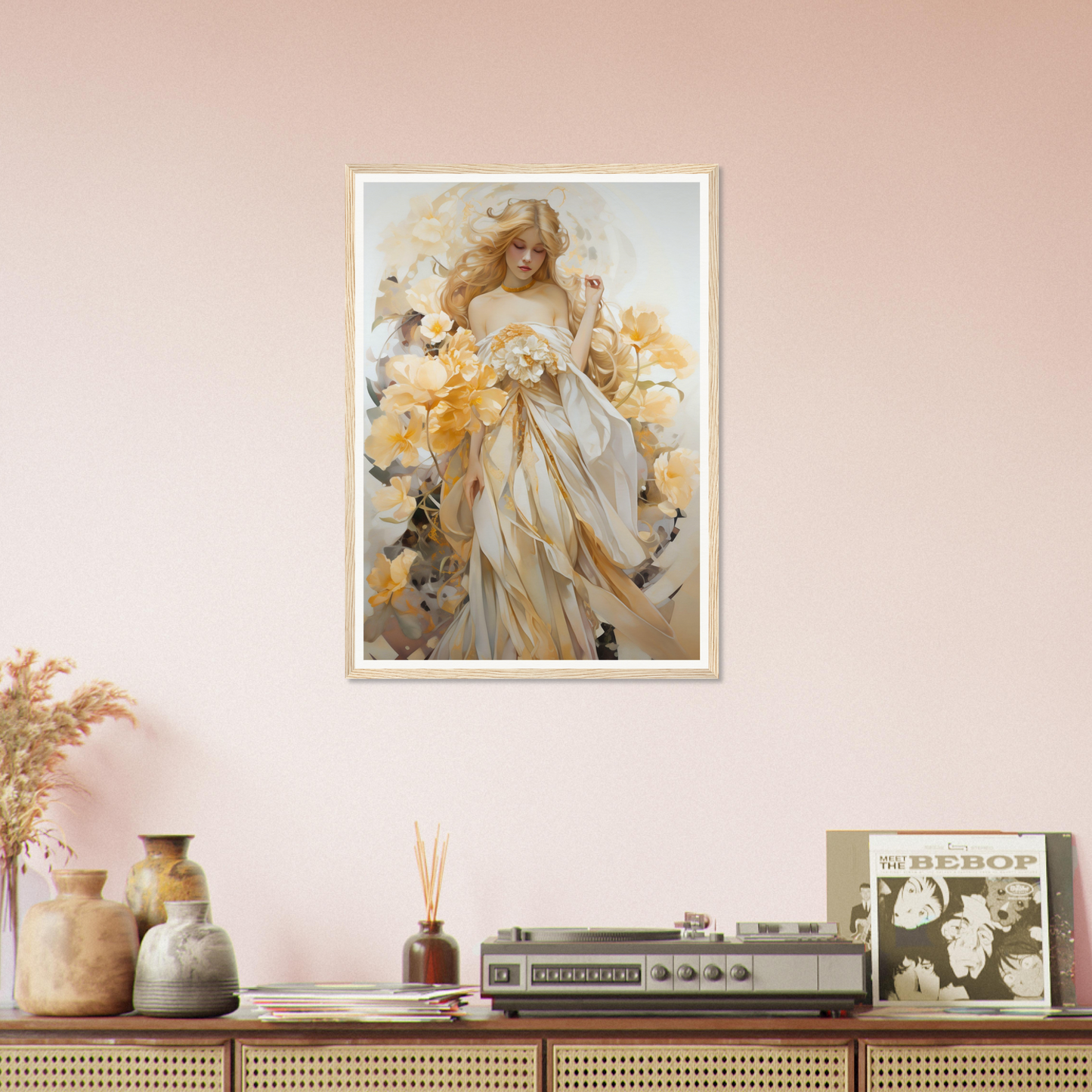 Framed painting of an ethereal woman in a flowing white dress surrounded by golden flowers and butterflies.