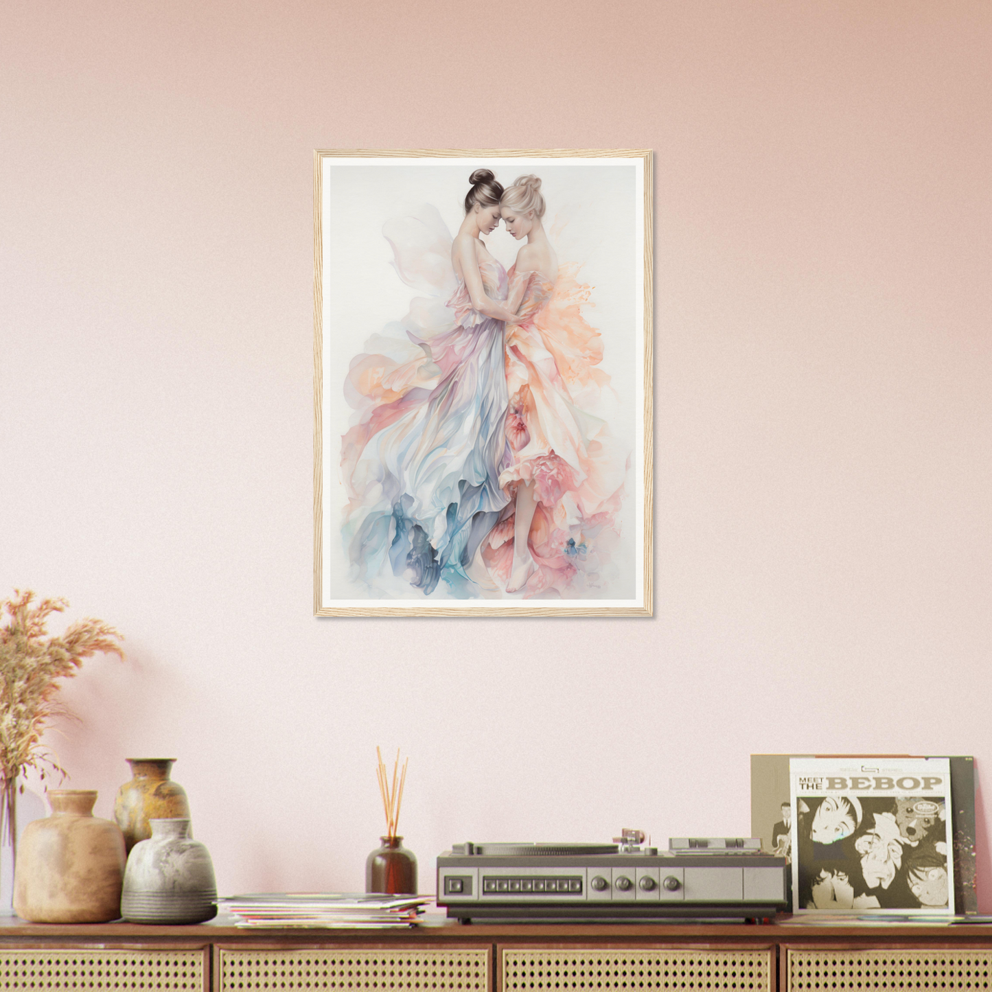 Framed watercolor painting of a graceful figure in a flowing, pastel-colored dress.