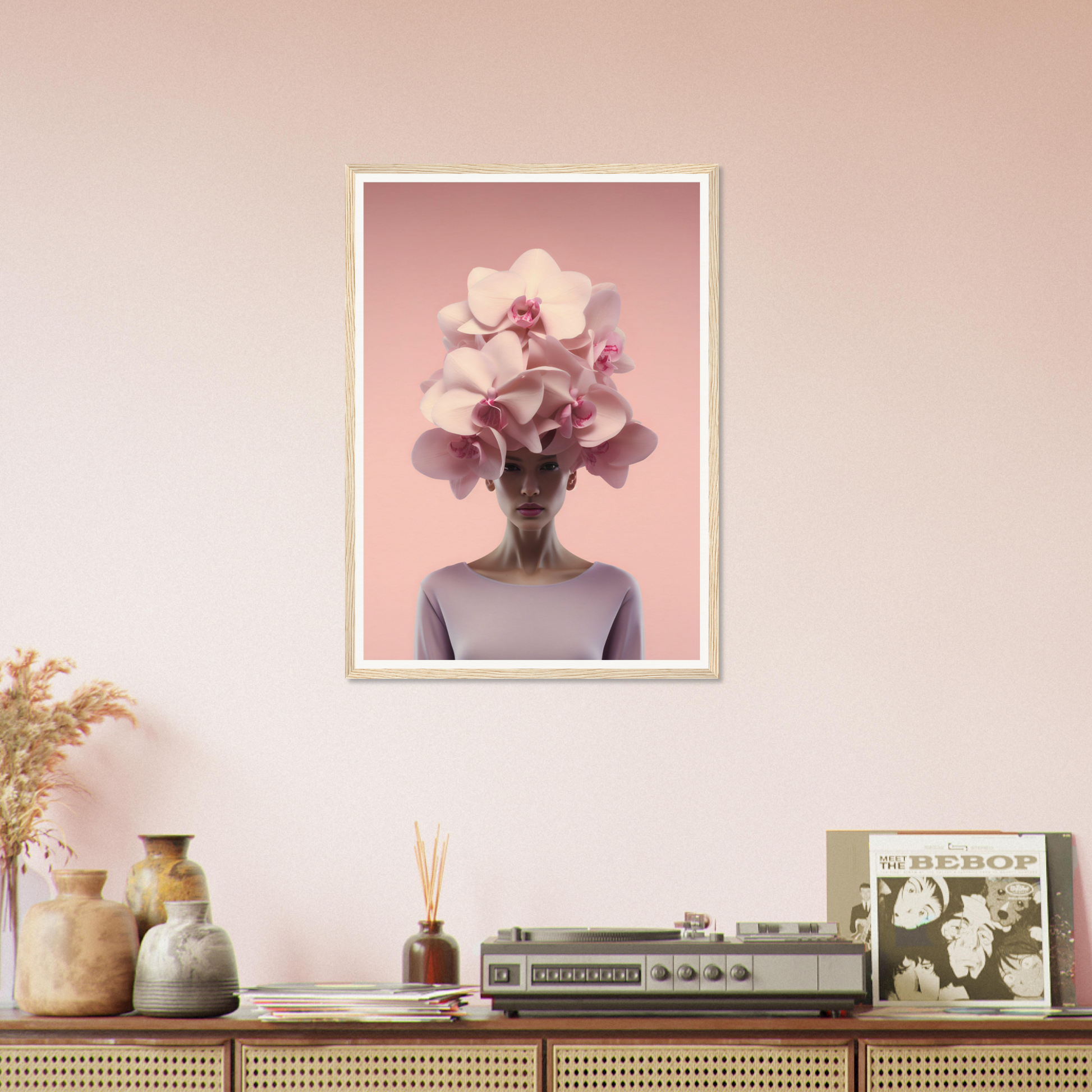 Framed artwork depicting a figure with a floral headdress in place of a head.