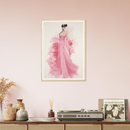 Framed watercolor painting of a woman in a flowing pink gown.