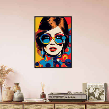 Colorful pop art portrait of a woman wearing blue sunglasses.