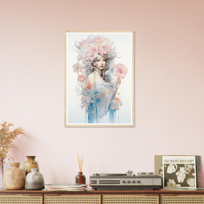 Framed watercolor portrait of a woman with ethereal, pastel-colored hair and clothing.