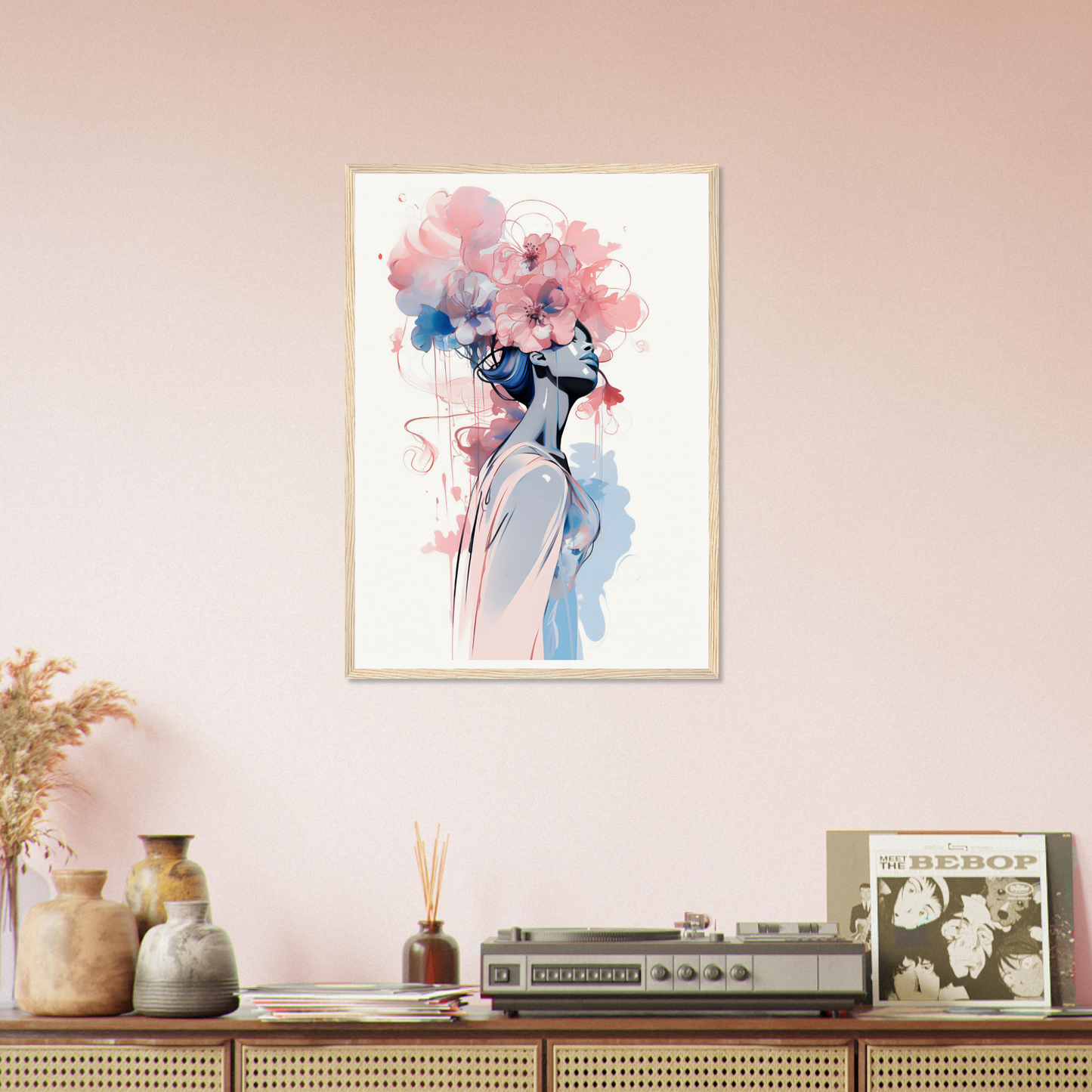 Framed watercolor painting of a figure with a floral headdress.