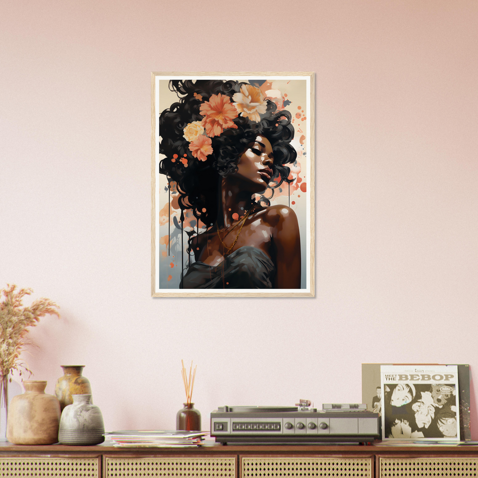 Framed portrait of a woman with flowers in her hair against a dark background.