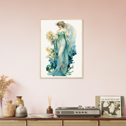 Ethereal watercolor painting of a graceful female figure in a flowing blue gown.