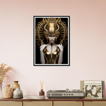 Framed artwork depicting a futuristic golden-adorned figure with an elaborate headdress.