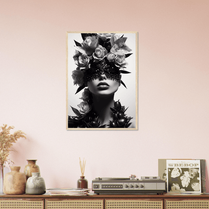 Black and white portrait of a woman adorned with floral elements and a decorative eye mask.