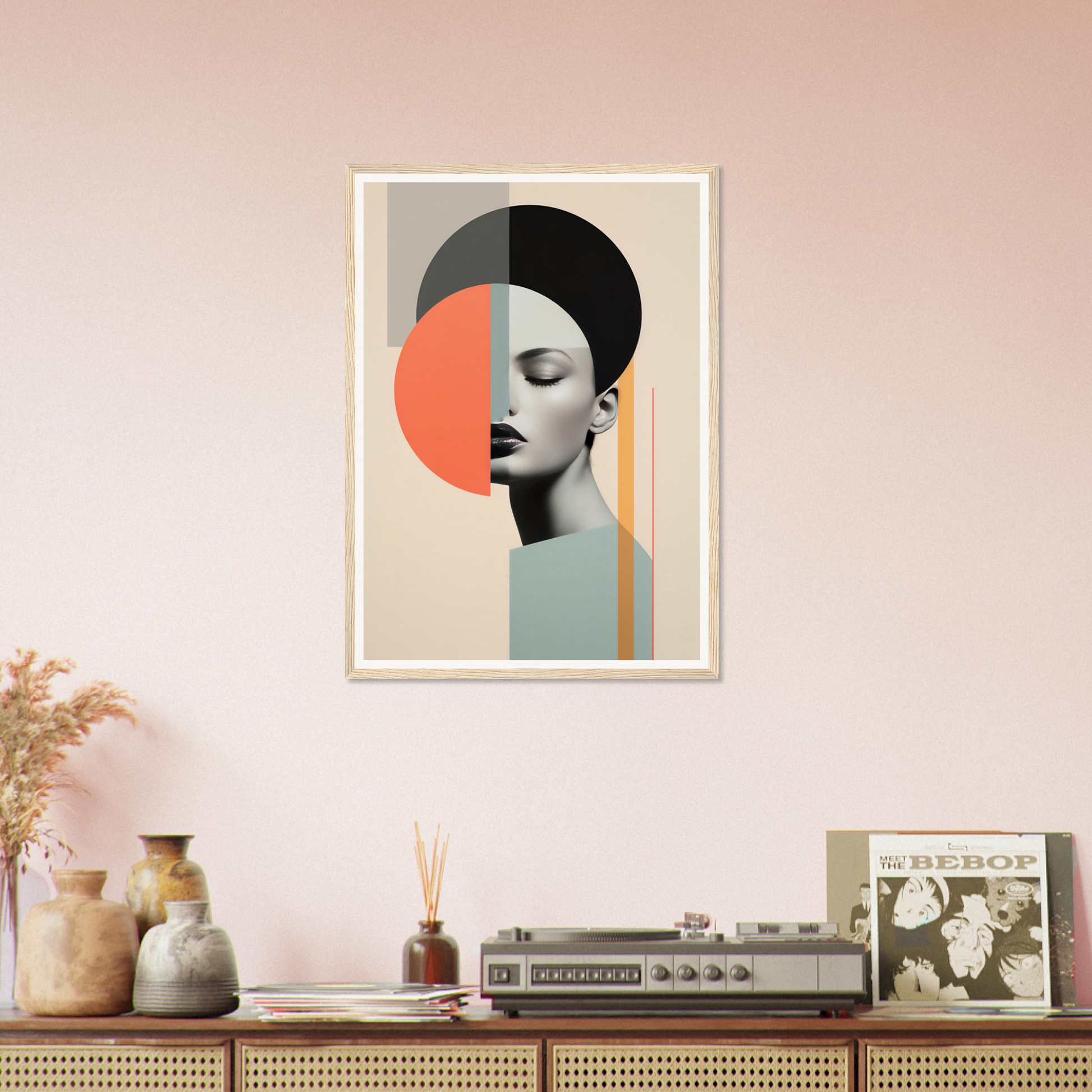 Abstract portrait combining geometric shapes and a woman’s profile in muted colors.