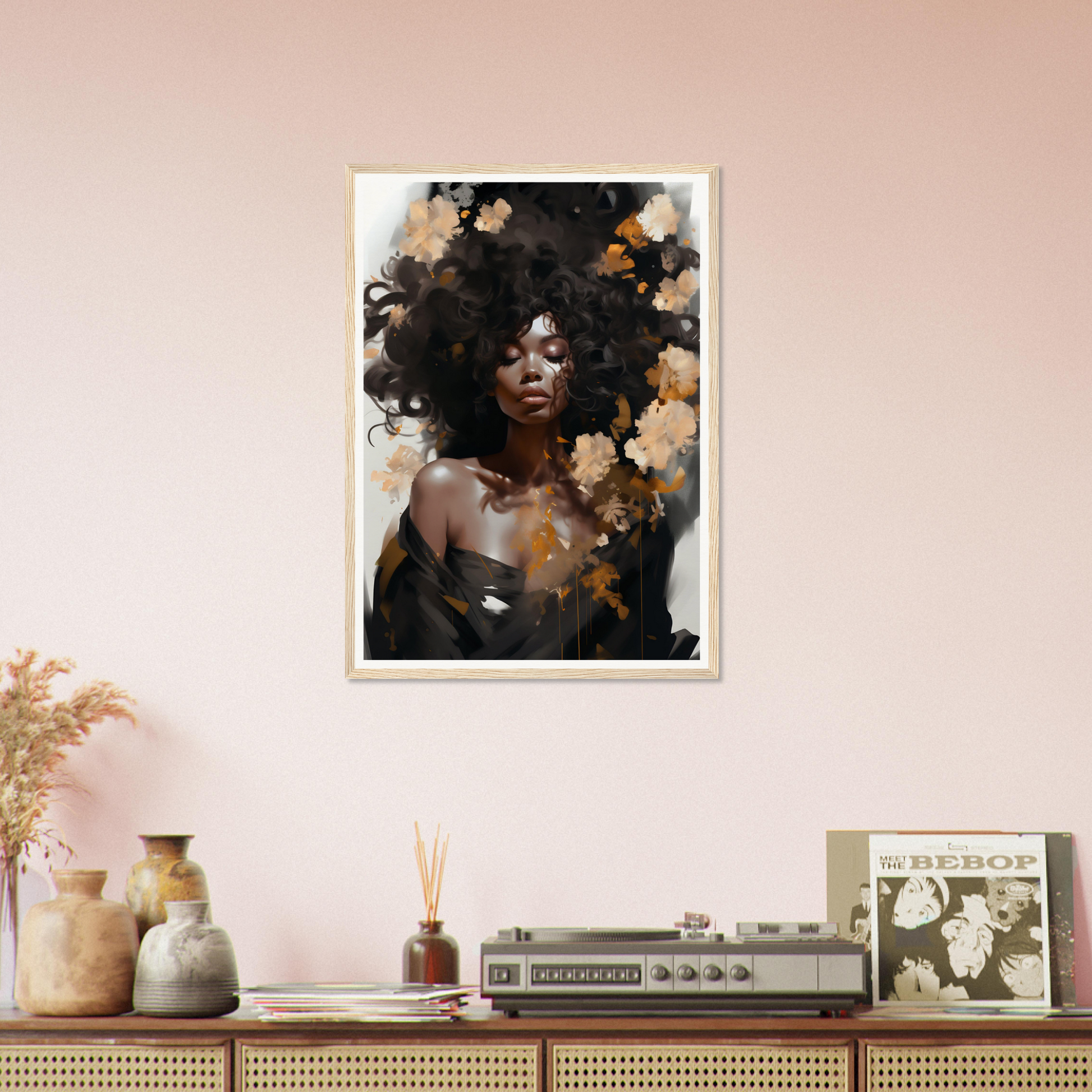 Portrait of a woman with voluminous curly hair and golden accents.