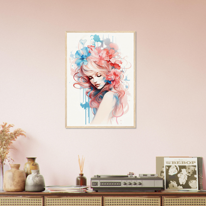 Watercolor-style portrait of a woman with vibrant blue and pink hair.