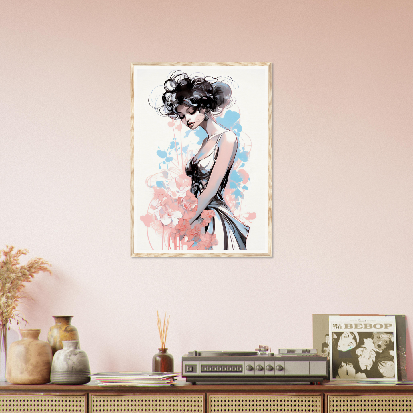 Framed watercolor-style painting of a woman with curly hair against a pastel background.