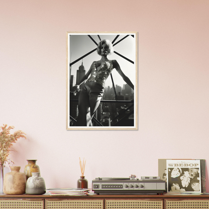 Framed black and white photograph of a woman posing on a balcony with a cityscape behind her.