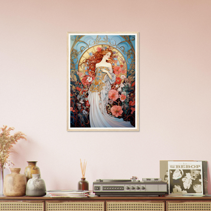 Art Nouveau-style painting of a woman surrounded by flowers in an ornate circular frame.