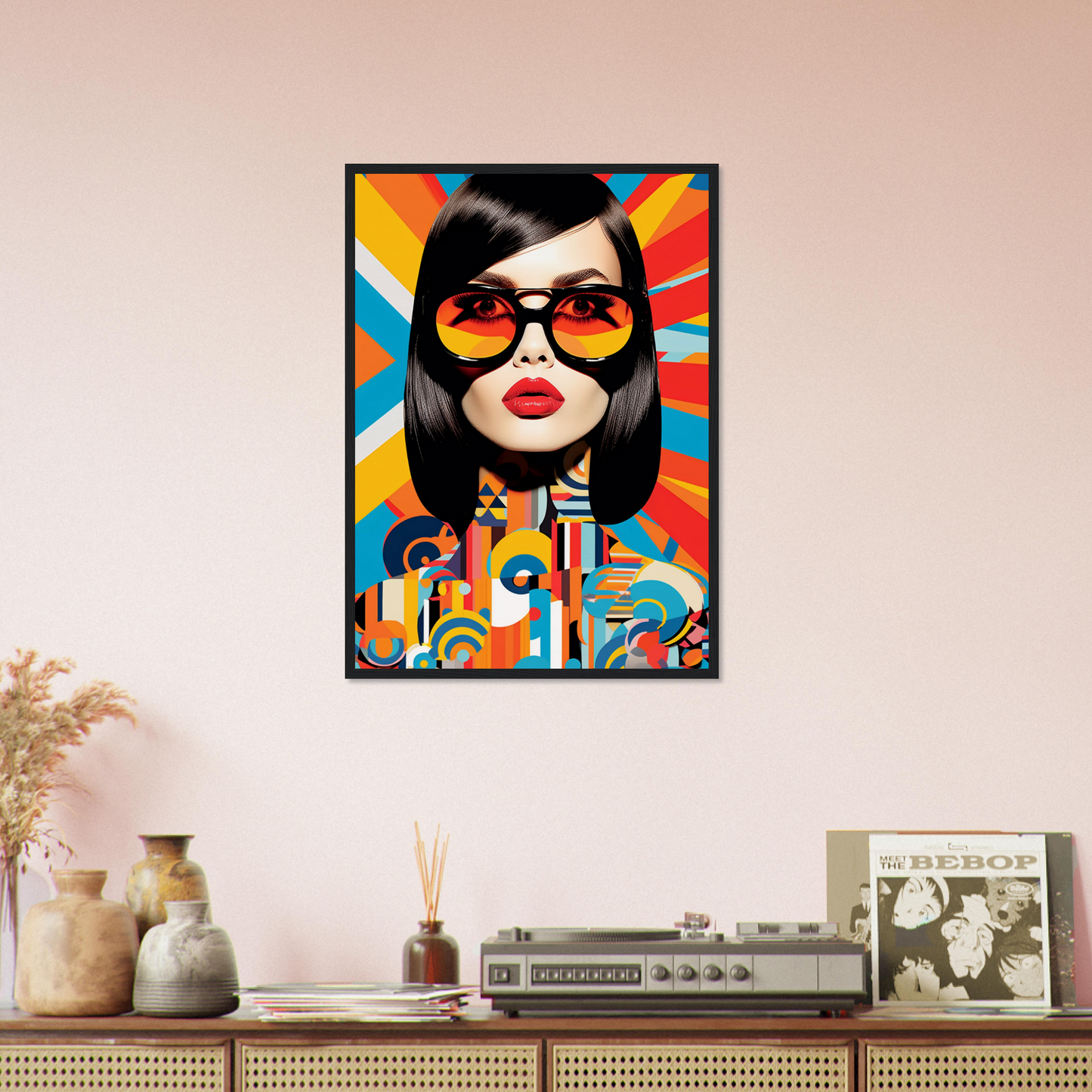 Colorful pop art portrait of a woman wearing orange-tinted sunglasses against a vibrant radiating background.