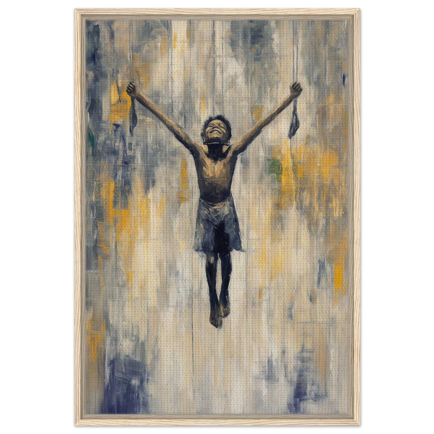 Triumphant figure celebrating inspiration in Mid-air Epiphany framed canvas print