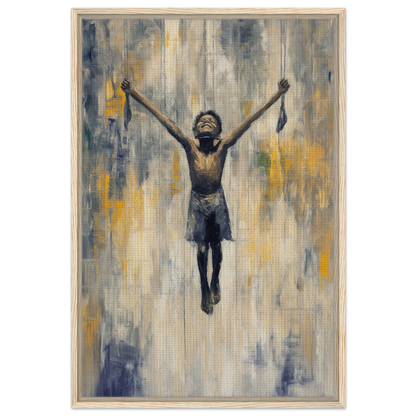 Triumphant figure celebrating inspiration in Mid-air Epiphany framed canvas print