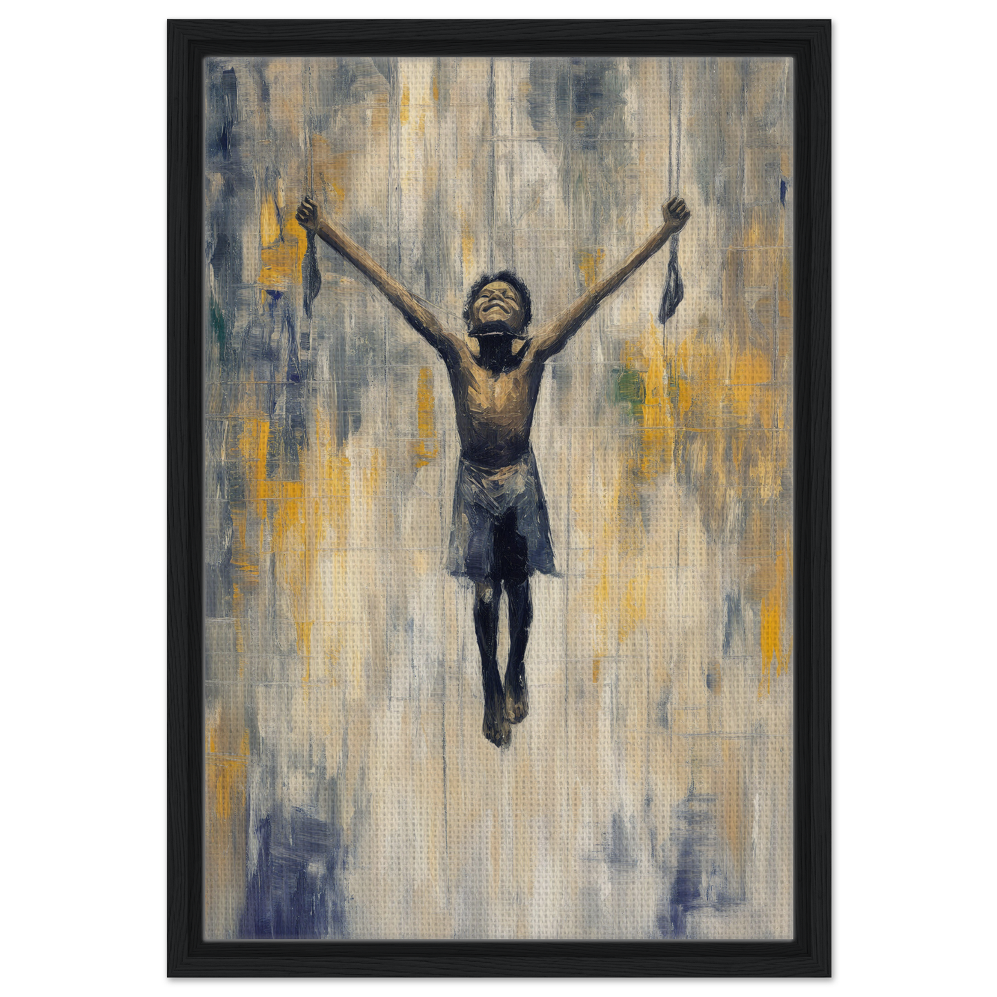 Child with arms raised in triumph against an abstract background, Mid-air Epiphany framed canvas print