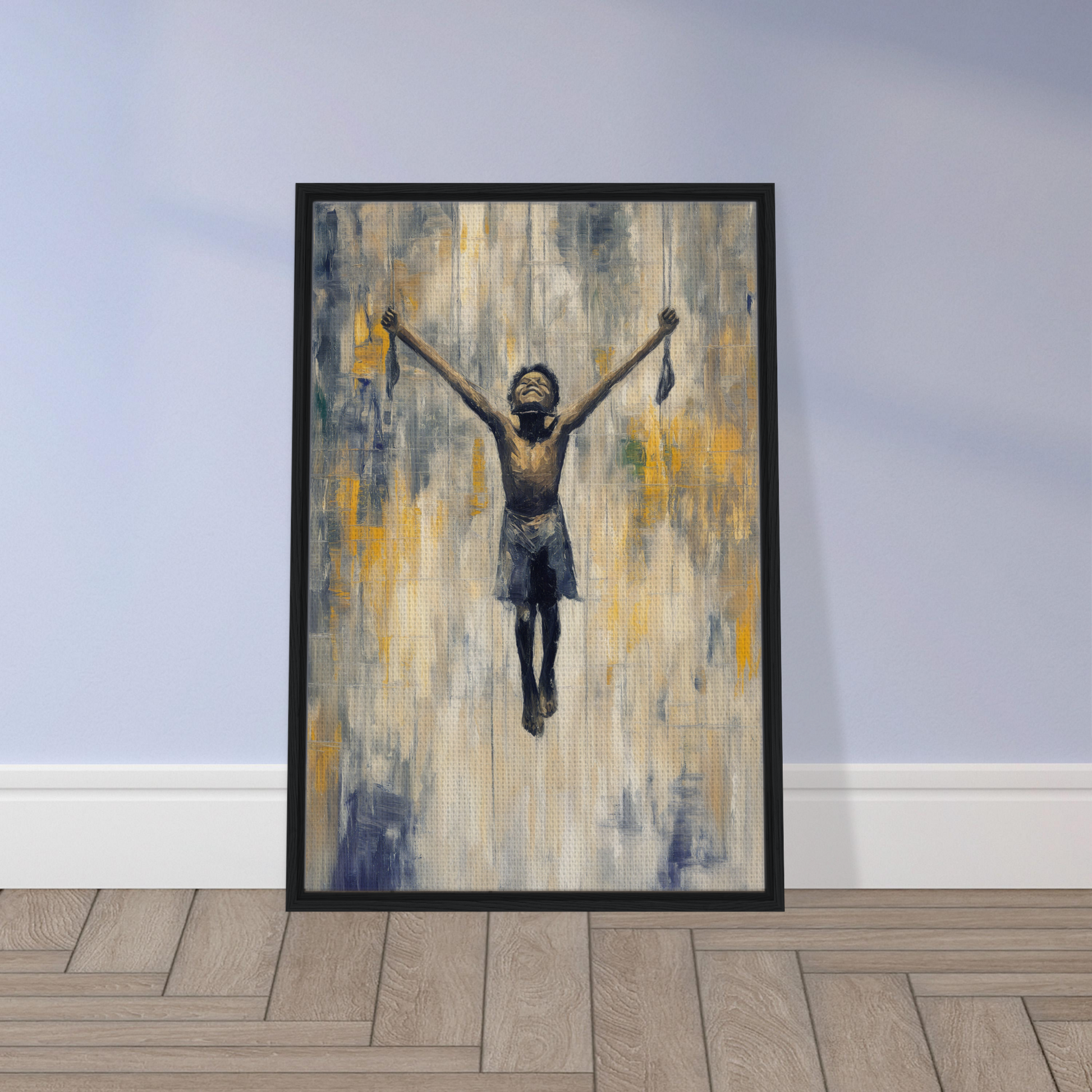 Framed canvas print titled Mid-Air Epiphany featuring a triumphant child with abstract background