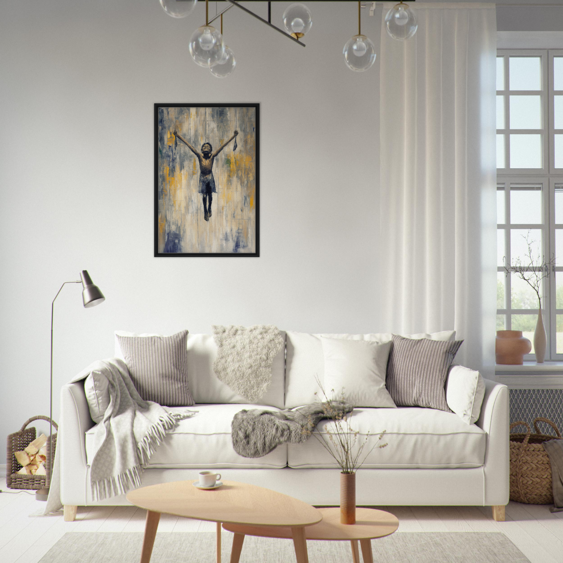 White sofa with throw pillows and blankets, enhancing Room Decor by Mid-Air Epiphany