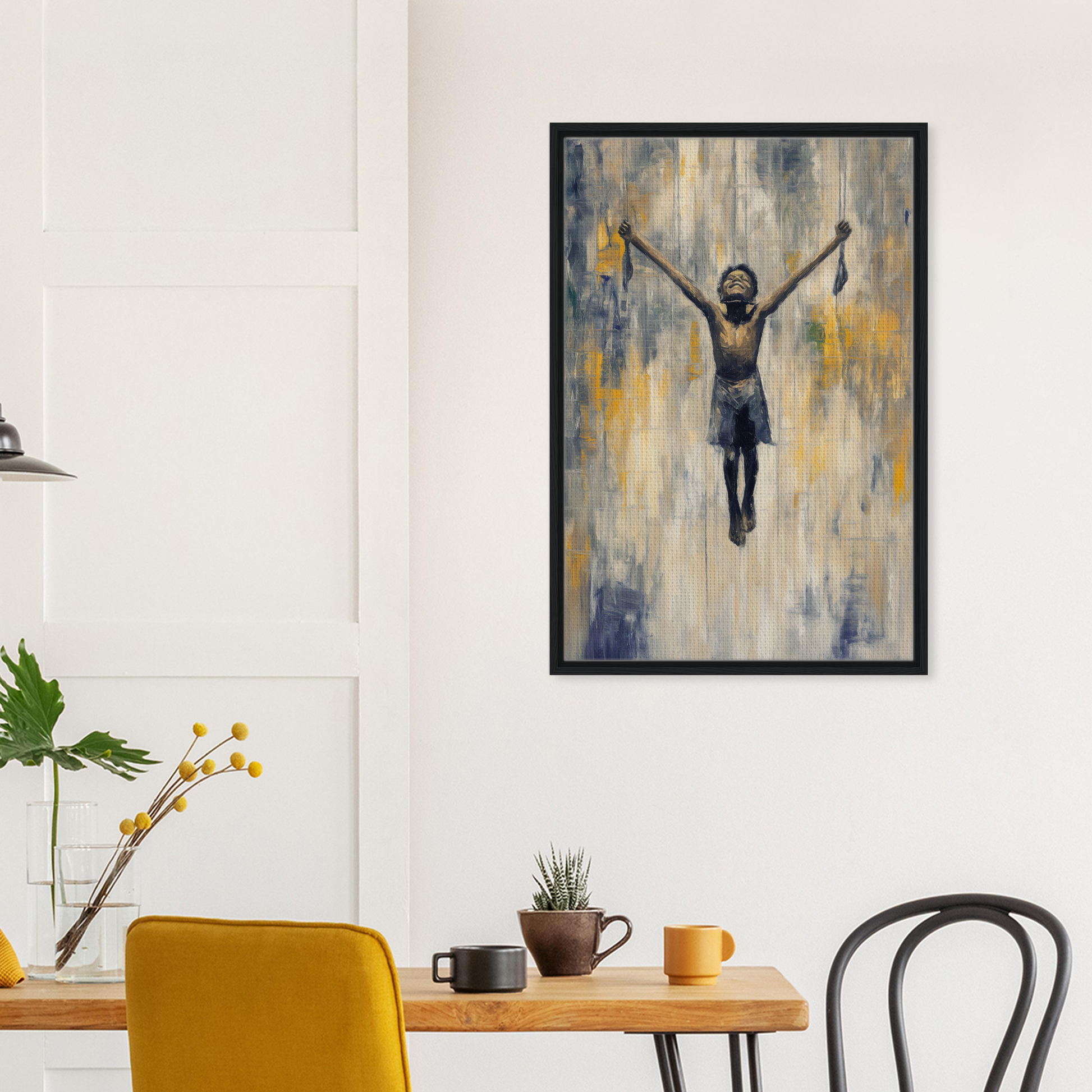 Framed canvas print of ’Mid-Air Epiphany’ featuring a figure against an abstract backdrop