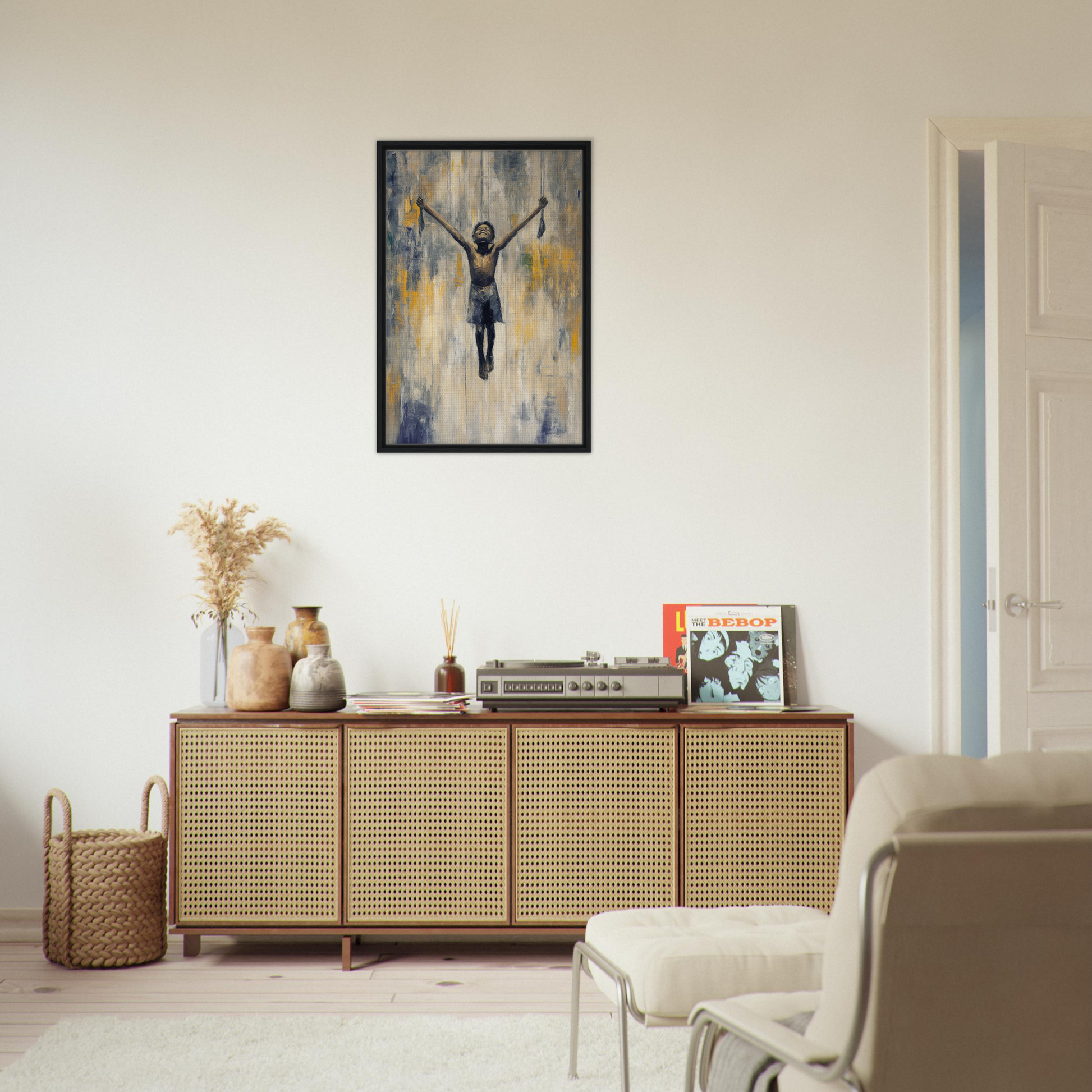 Wooden sideboard with cane-webbed doors, enhancing Room Decor in Mid-air Epiphany