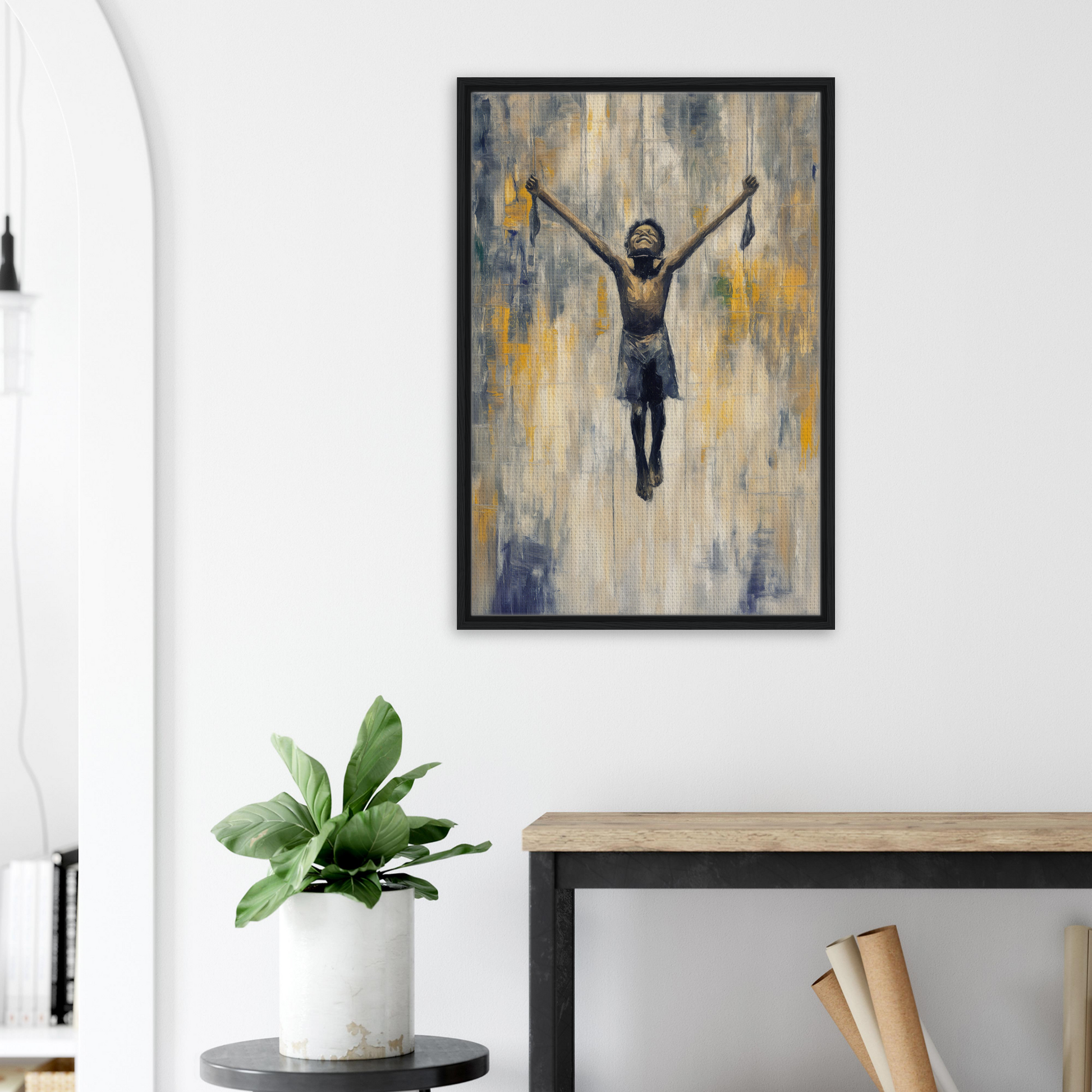 Framed painting of a silhouetted figure in mid-air epiphany for stylish room decor