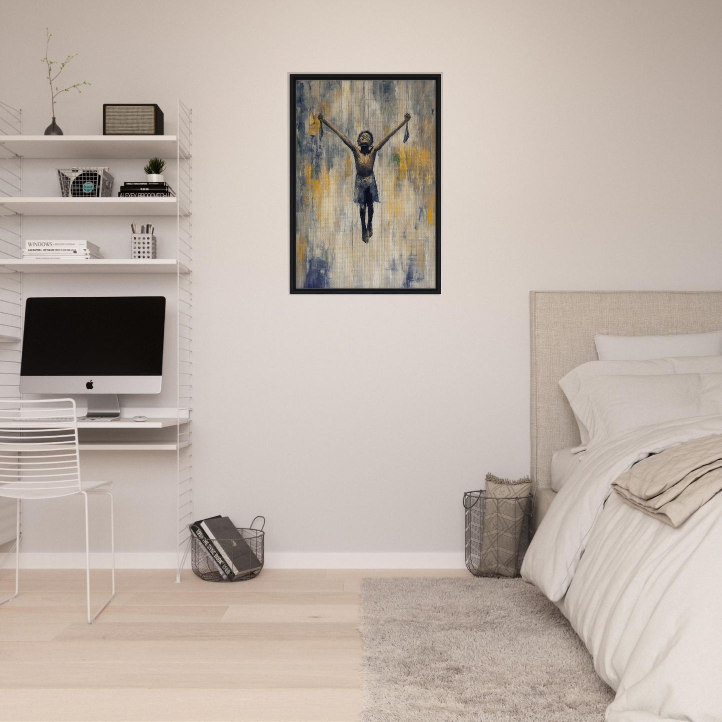 Framed canvas print of Mid-air Epiphany featuring a silhouetted figure on vibrant background