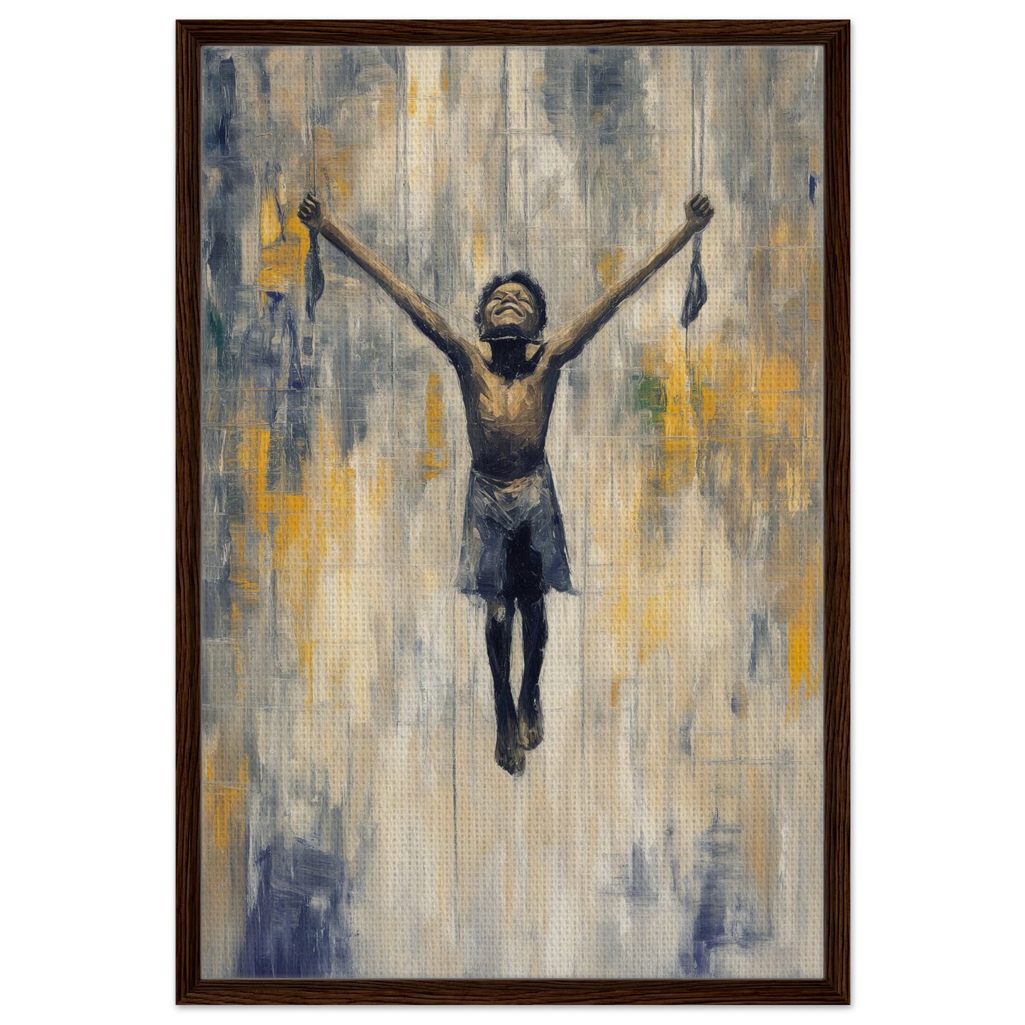 Painting of a child in a mid-air epiphany, featured in the Fashion Oracle™ framed canvas print