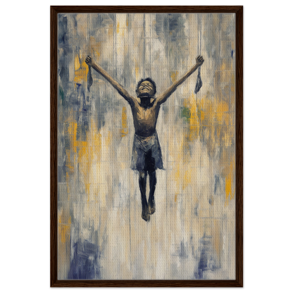 Painting of a child in a mid-air epiphany, featured in the Fashion Oracle™ framed canvas print