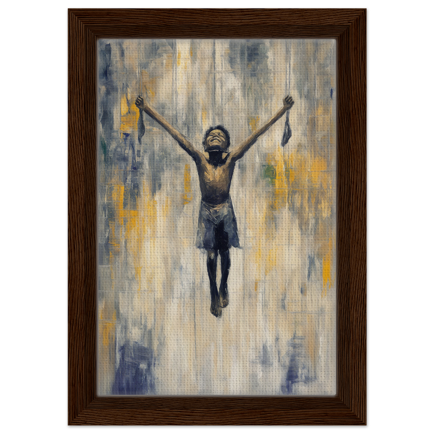 Silhouette of a person triumphantly raising arms in Mid-air Epiphany framed canvas print