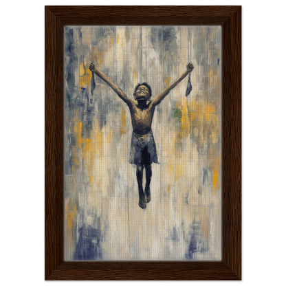 Silhouette of a person triumphantly raising arms in Mid-air Epiphany framed canvas print