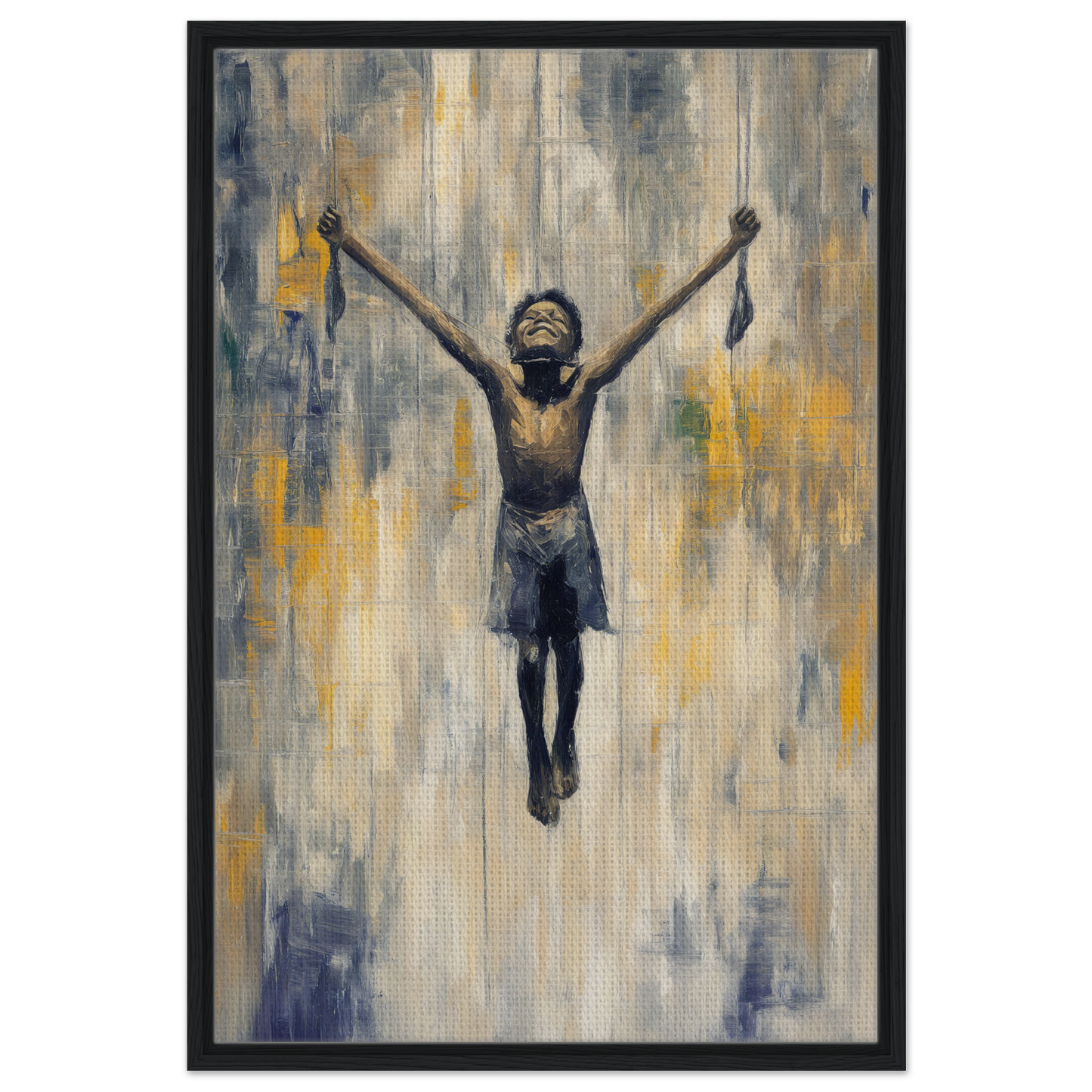 Painting of a young boy exuding triumph, embodying the essence of Mid-air Epiphany for room decor