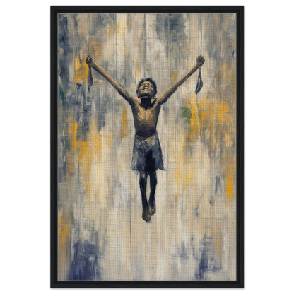 Painting of a young boy exuding triumph, embodying the essence of Mid-air Epiphany for room decor