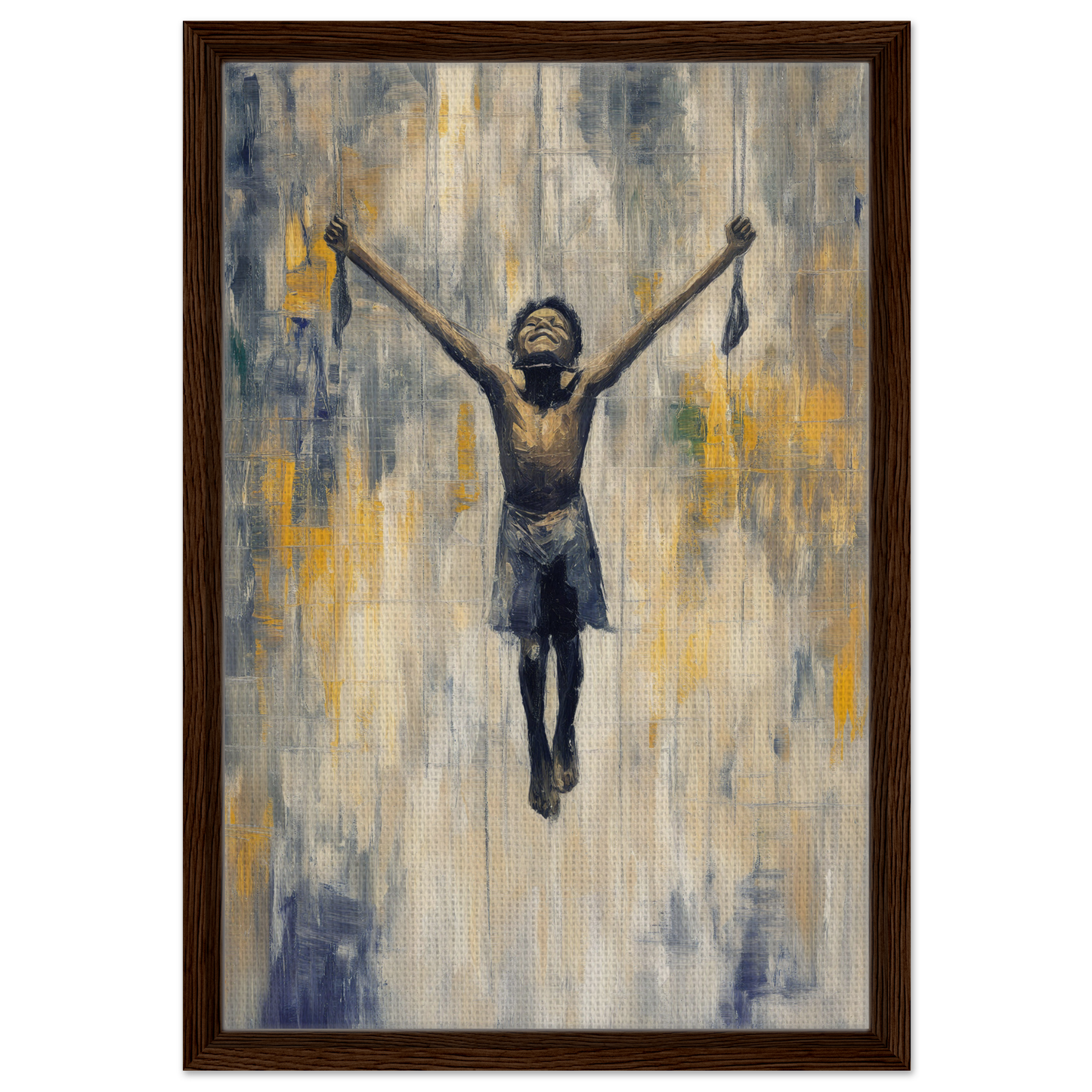 Child with arms raised triumphantly in Mid-air Epiphany framed canvas print by Fashion Oracle