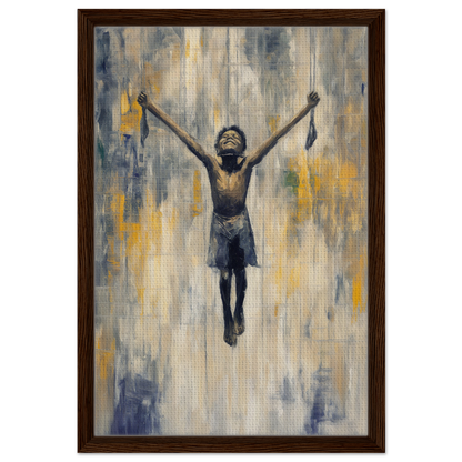 Child with arms raised triumphantly in Mid-air Epiphany framed canvas print by Fashion Oracle