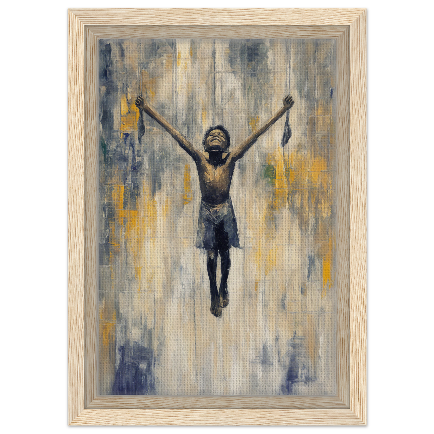 Silhouetted figure in triumphant pose, representing Mid-Air Epiphany framed canvas print