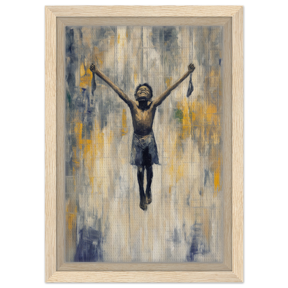 Silhouetted figure in triumphant pose, representing Mid-Air Epiphany framed canvas print