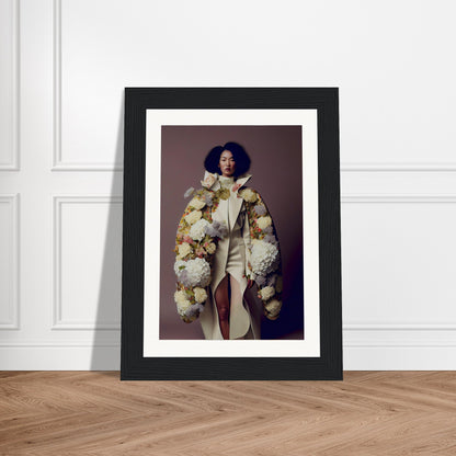 Framed photograph of a person wearing an elaborate floral coat.