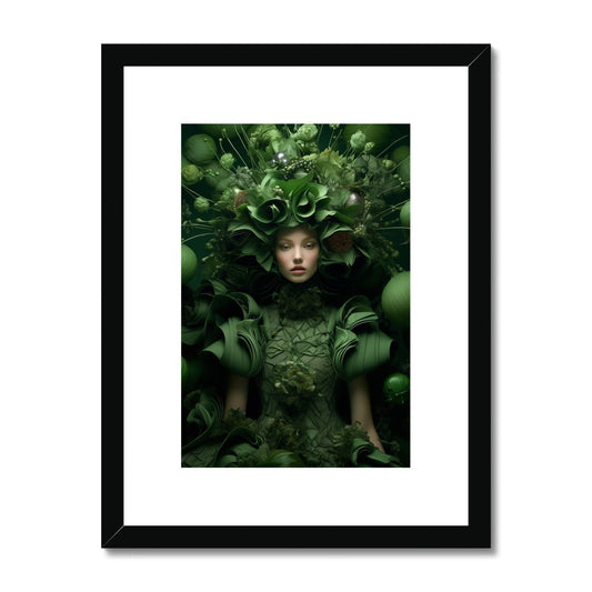 Framed artwork depicting a figure emerging from lush green foliage and plant forms.