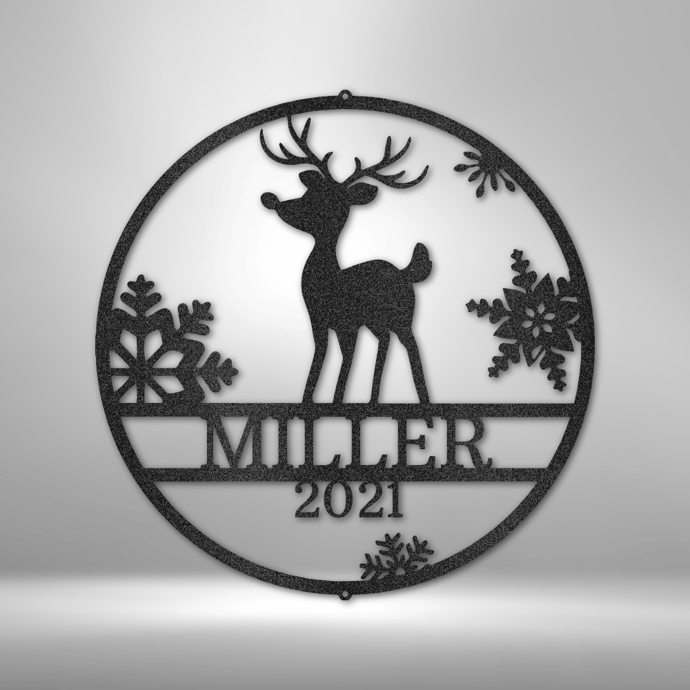 Circular ornament featuring a deer silhouette, snowflakes, and ’MILLER 2021’’ text.