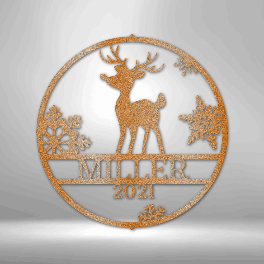 Circular wooden ornament featuring a reindeer silhouette and ’WINTER 2021’’ text surrounded by snowflakes.