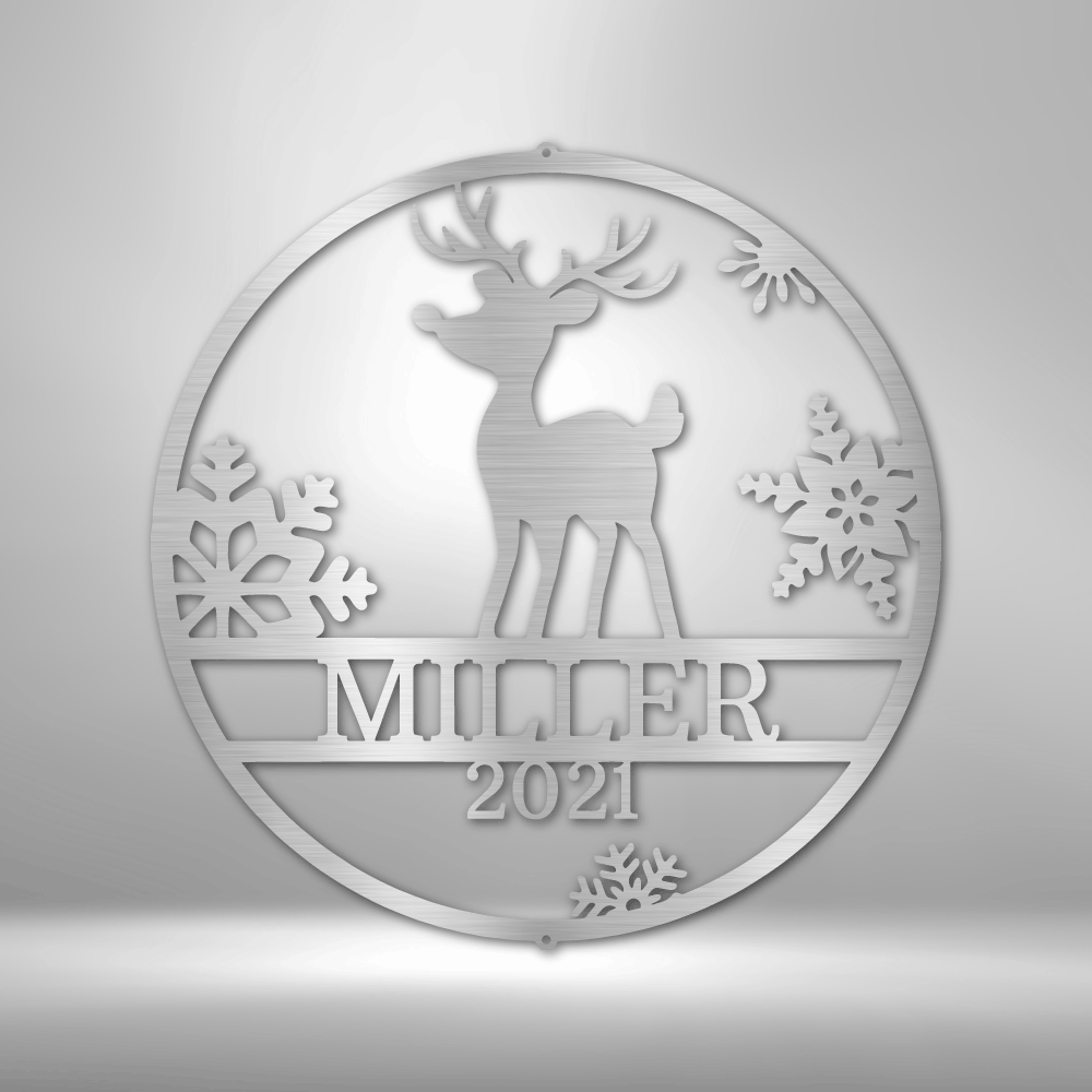 Circular ornament featuring a reindeer silhouette, snowflakes, and ’MILLER 2021’’ text.